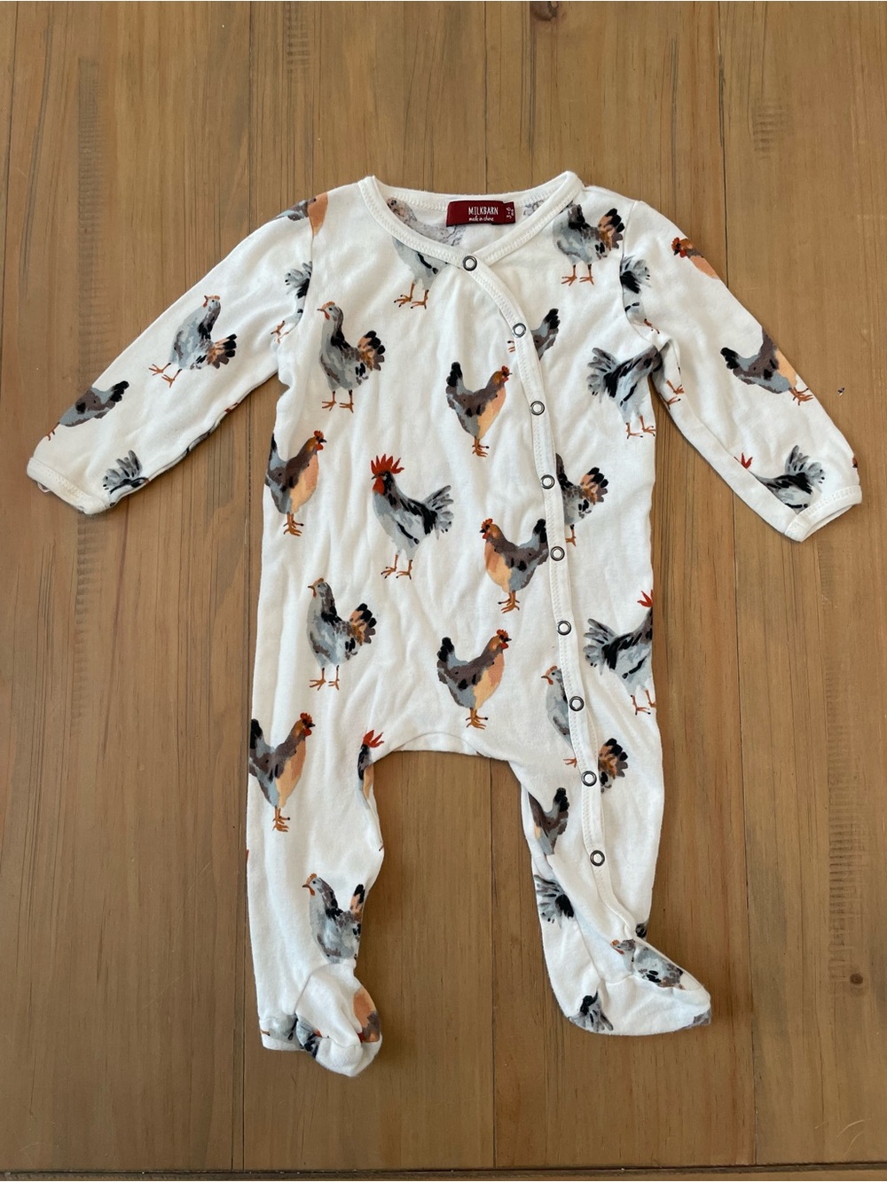 Milkbarn Baby 3-6M White Footed One-Piece with Rooster Chicken Farm Organic